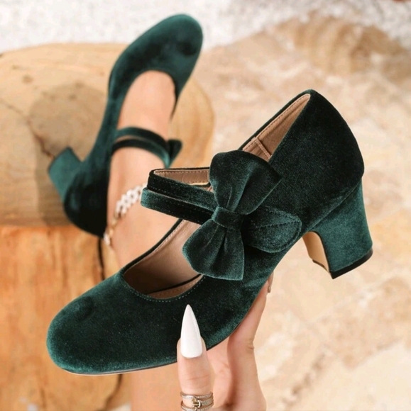 Elegant Fashion Round Toe Thick Heel Shallow Mouth Bow Decor Velvet Thick Heel - Picture 3 of 5